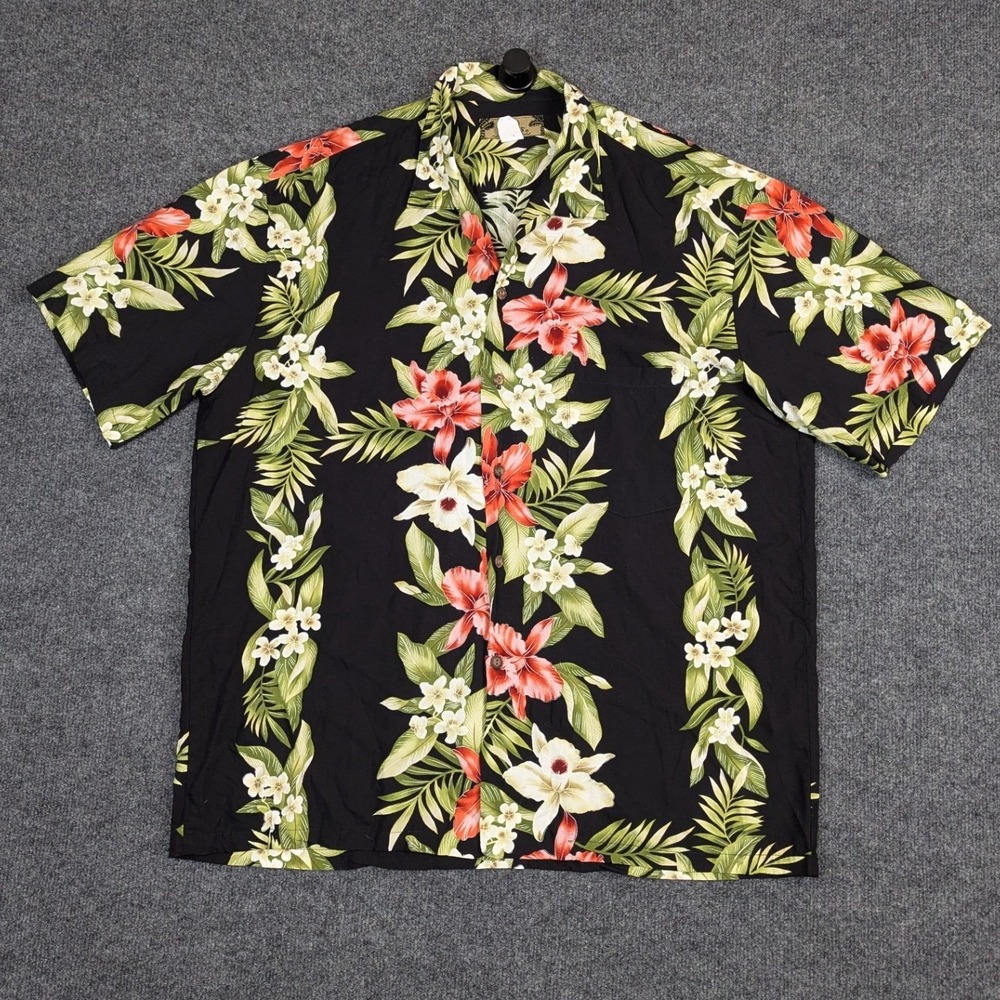 Two Palms Hawaiian Shirt Mens XL Black Floral Orchid Rayon Made in Hawaii XL